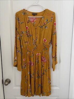 Mustard Floral Long-Sleeve Smocked Waist Dress